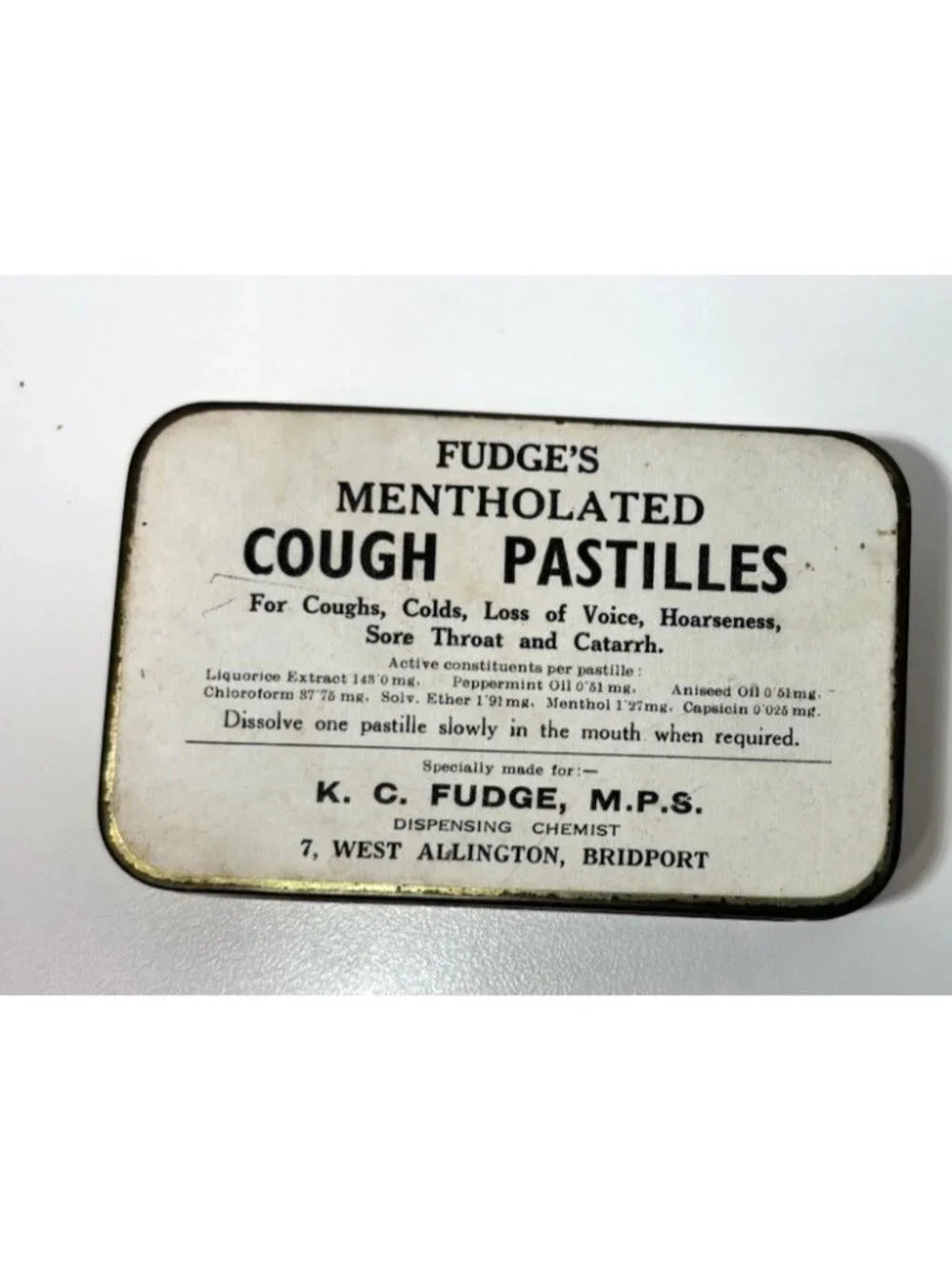 Vintage Fudge's Cough Pastilles Tin Chloroform and Ether on Ingredient List
